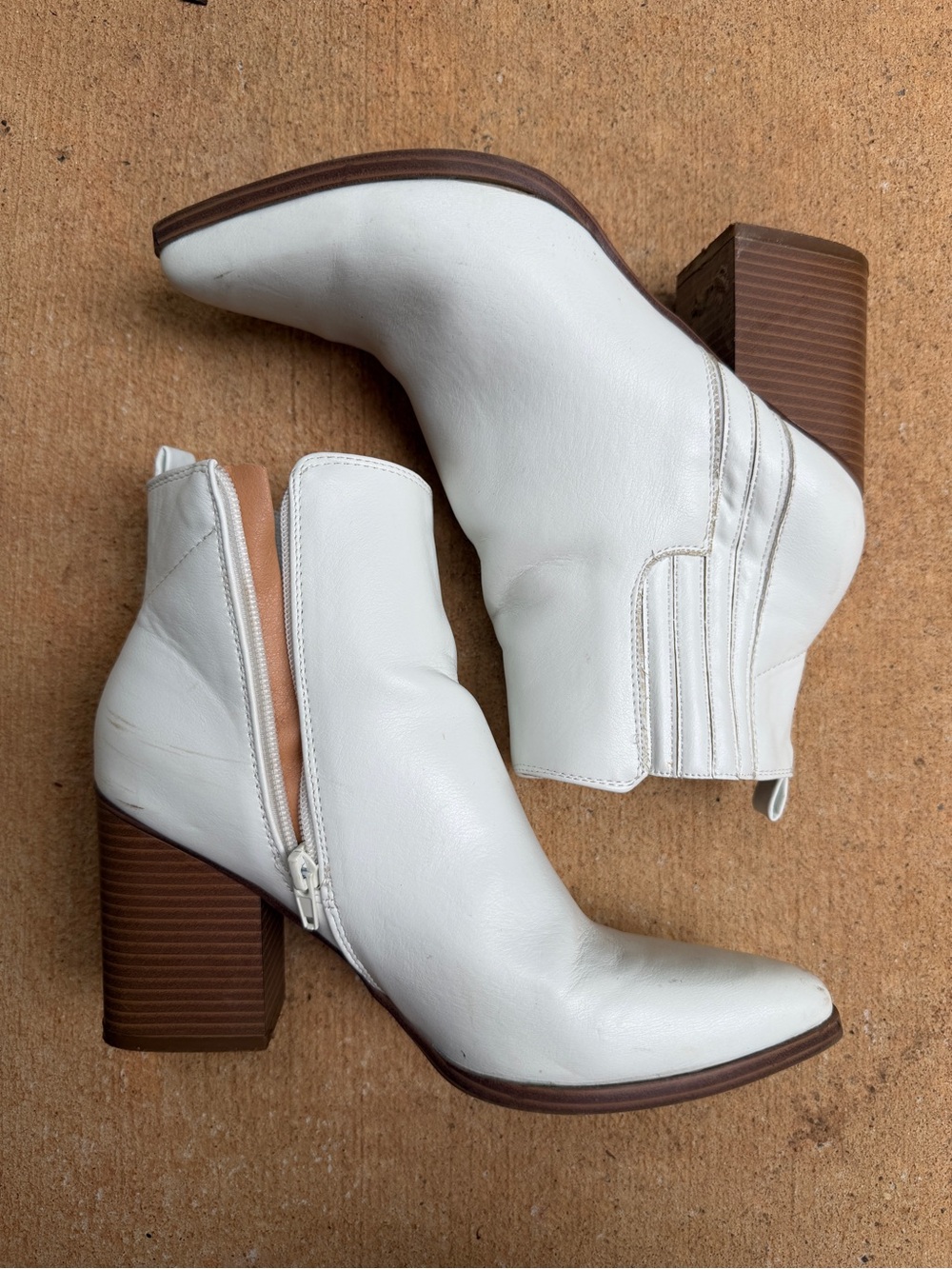 Indigo White Leather Ankle Booties with Stacked Brown Block Heel